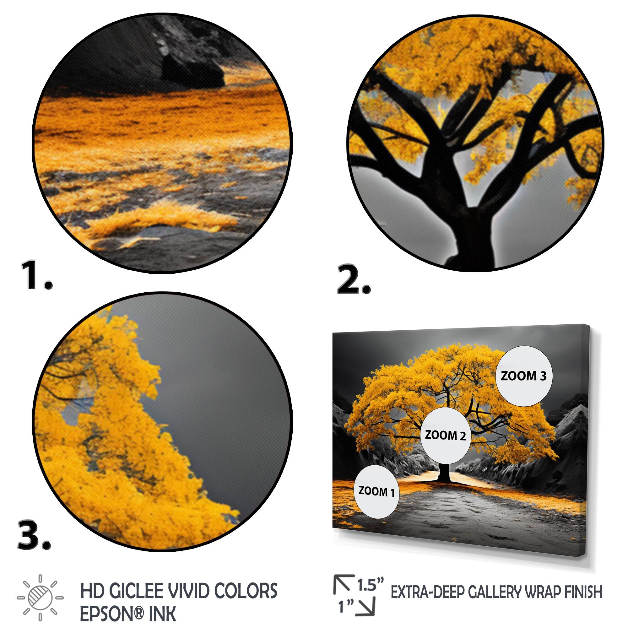 Designart "Yellow And Grey Tree Harmony" Floral Canvas Prints Bed